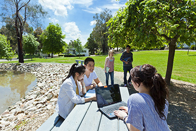 Group of students sitting outside campus 